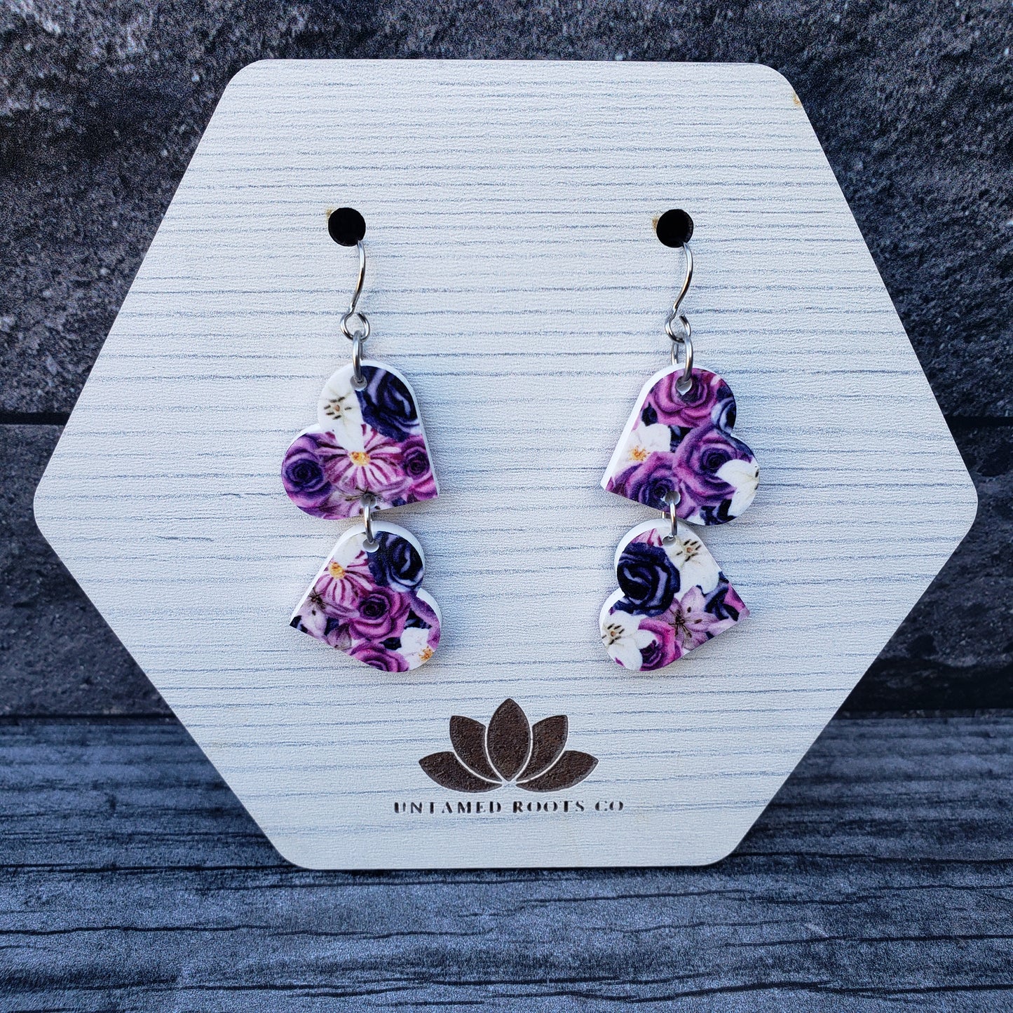 Purple Gothic Floral Tumbling Hearts Dangle Earrings (only 2 hearts)