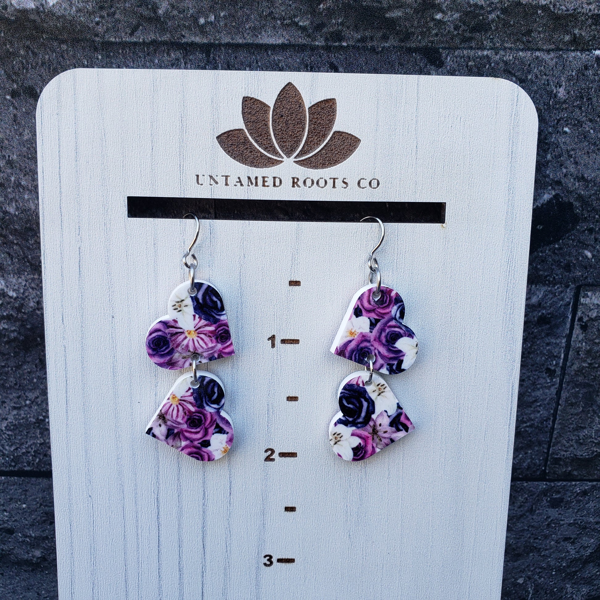 Purple Gothic Floral Tumbling Hearts Dangle Earrings (only 2 hearts)