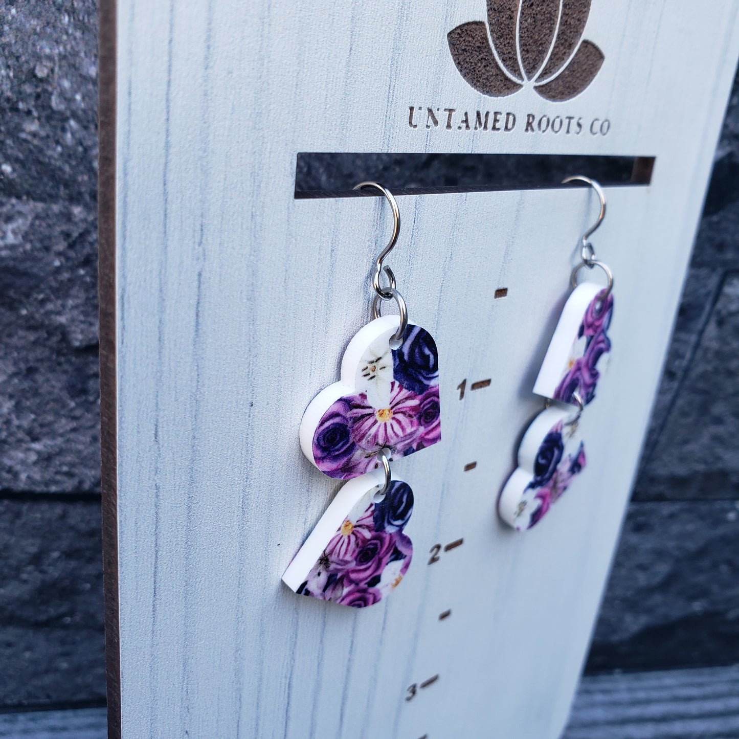 Purple Gothic Floral Tumbling Hearts Dangle Earrings (only 2 hearts)