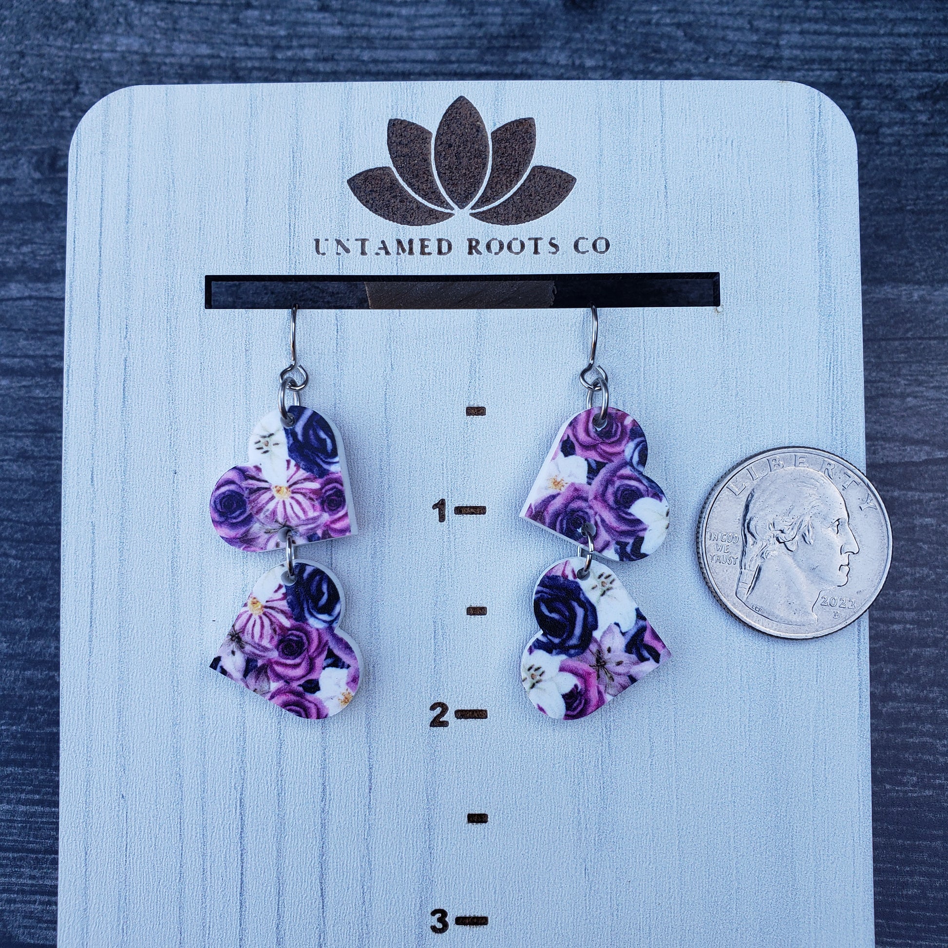 Purple Gothic Floral Tumbling Hearts Dangle Earrings (only 2 hearts)