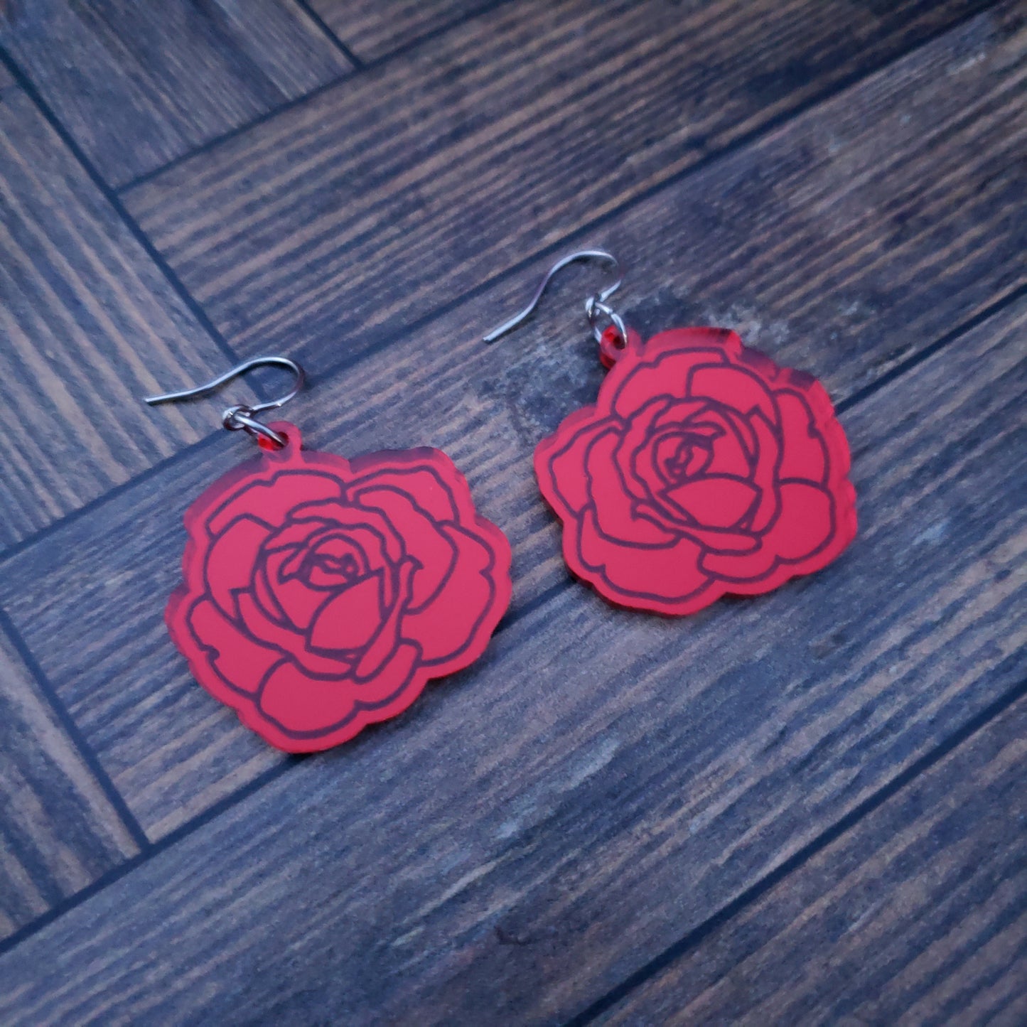 Red Mirror Rose Dangle Earrings