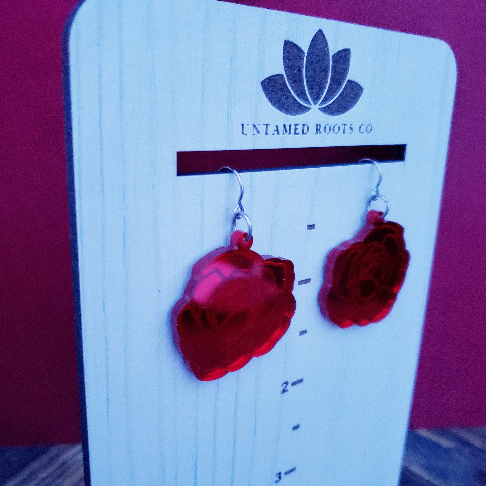 Red Mirror Rose Dangle Earrings