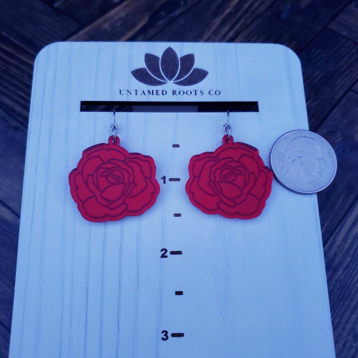 Red Mirror Rose Dangle Earrings