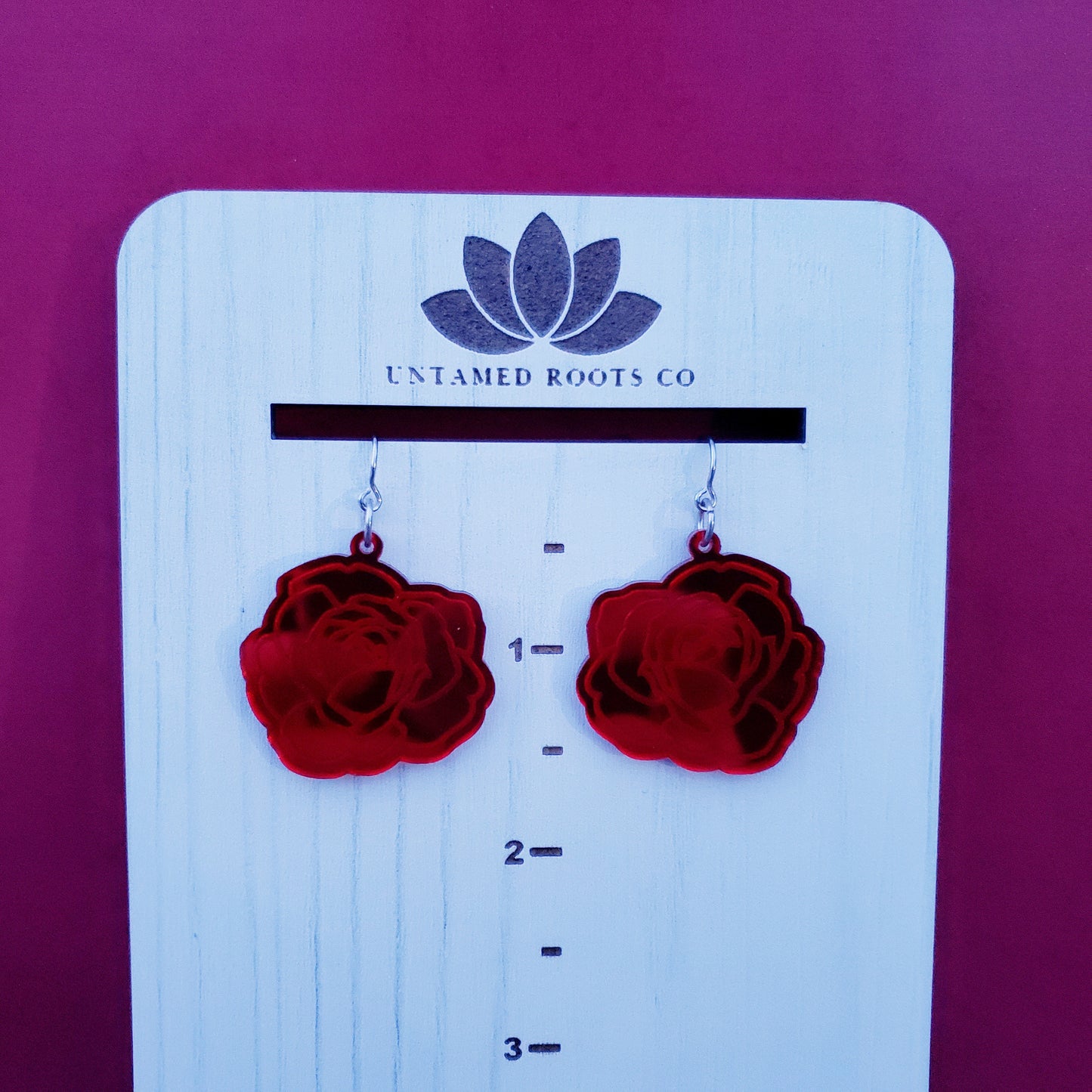 Red Mirror Rose Dangle Earrings