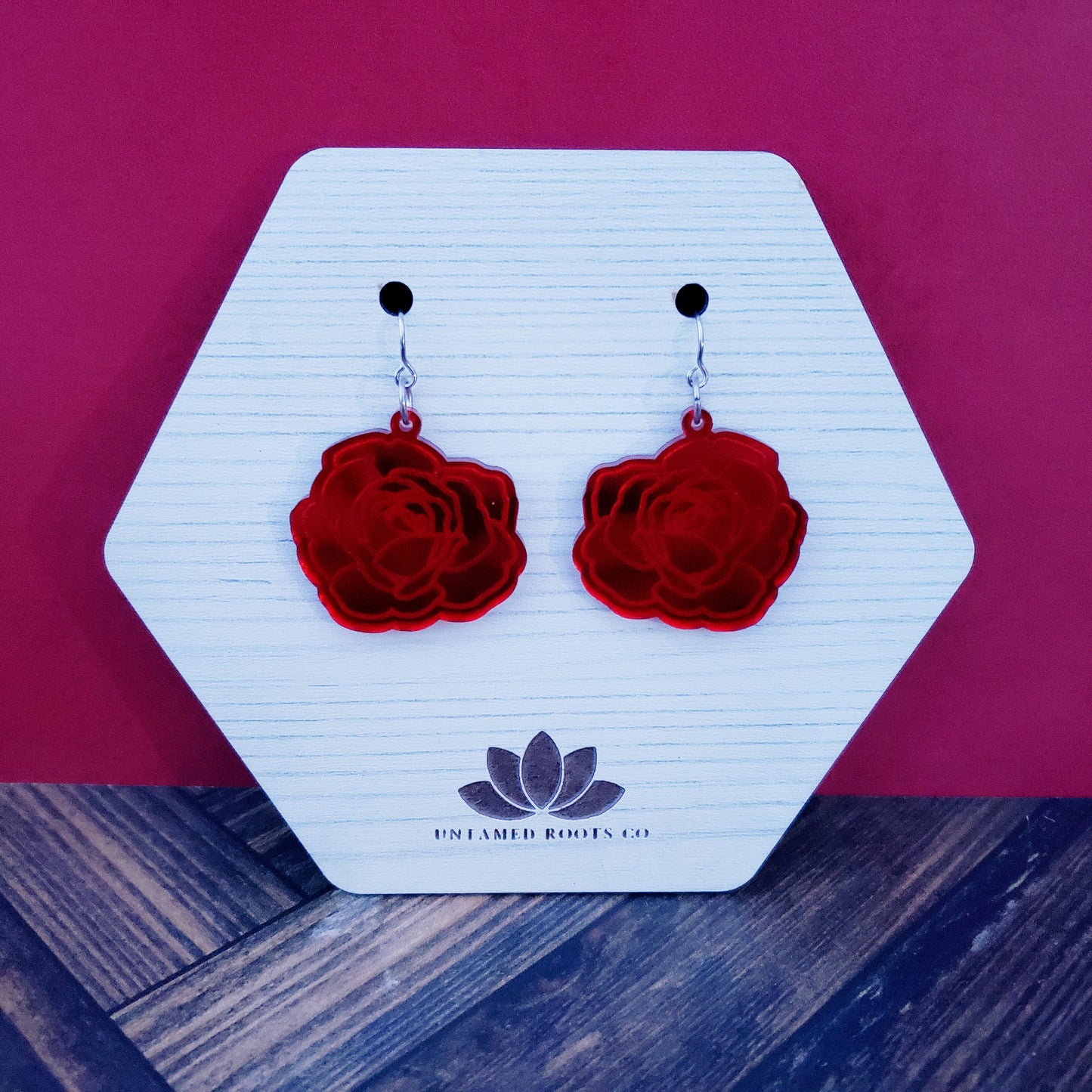 Red Mirror Rose Dangle Earrings