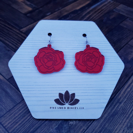 Red Mirror Rose Dangle Earrings