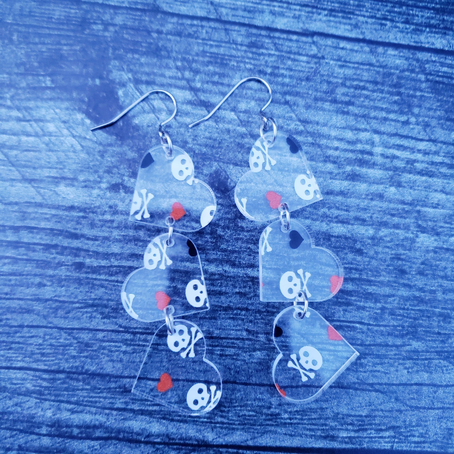 Skull Print Tumbling Heart Earrings