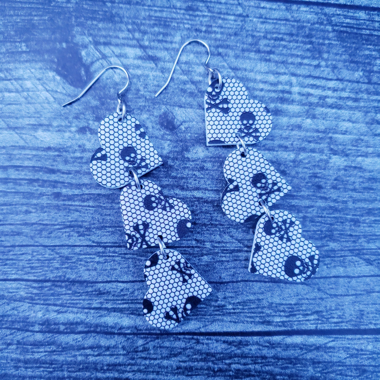 Skull Lace Tumbling Heart Earrings