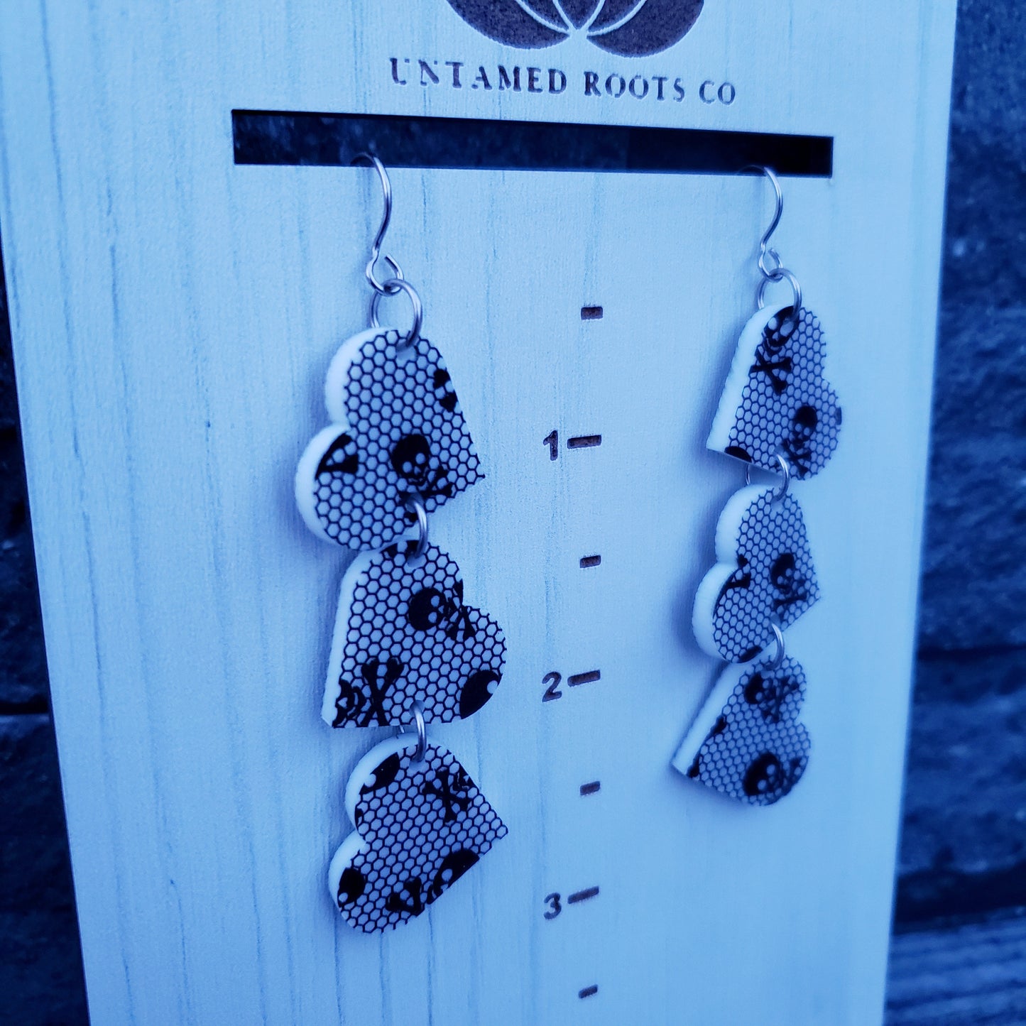 Skull Lace Tumbling Heart Earrings