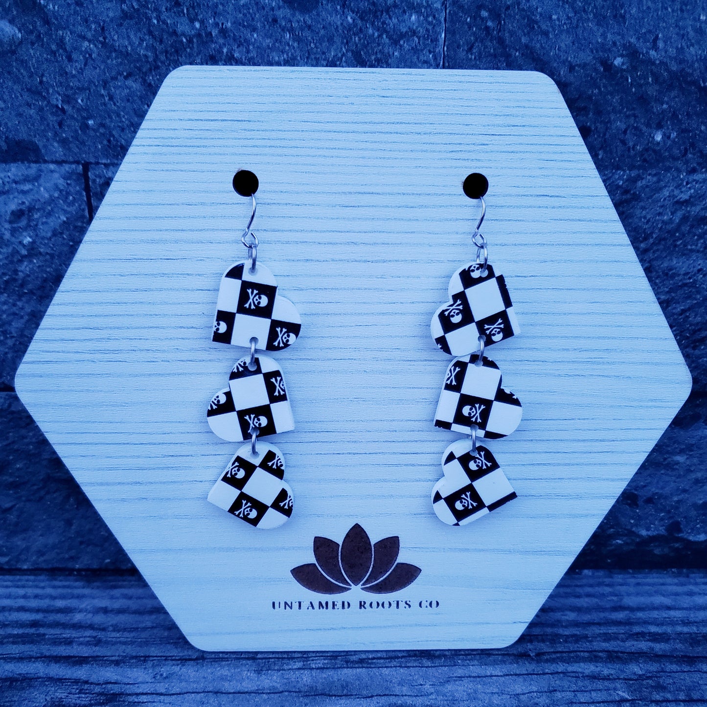 Skull Checkerboard Tumbling Heart Earrings