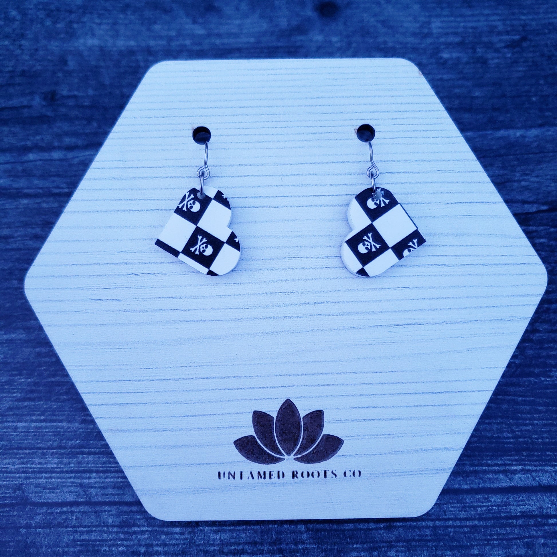 Small Skull Checkerboard Heart Dangle Earrings