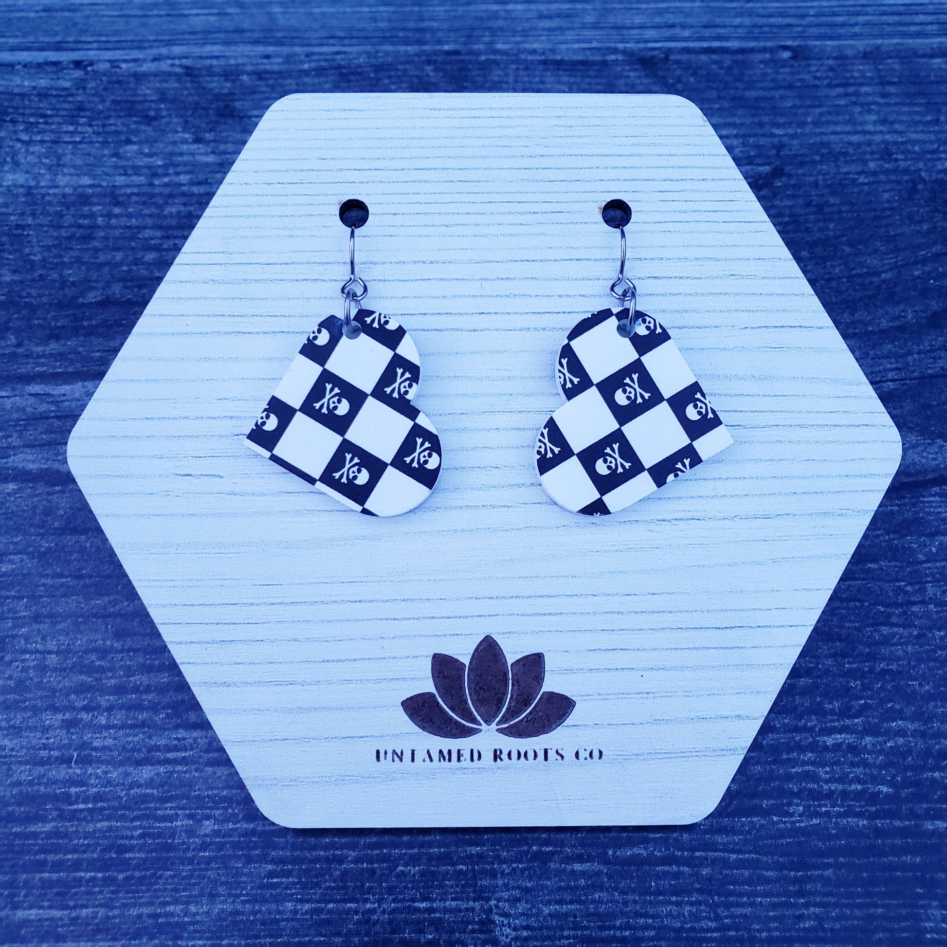 Large Skull Checkerboard Heart Dangle Earrings