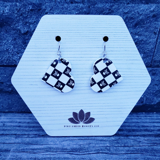 Large Skull Checkerboard Heart Dangle Earrings