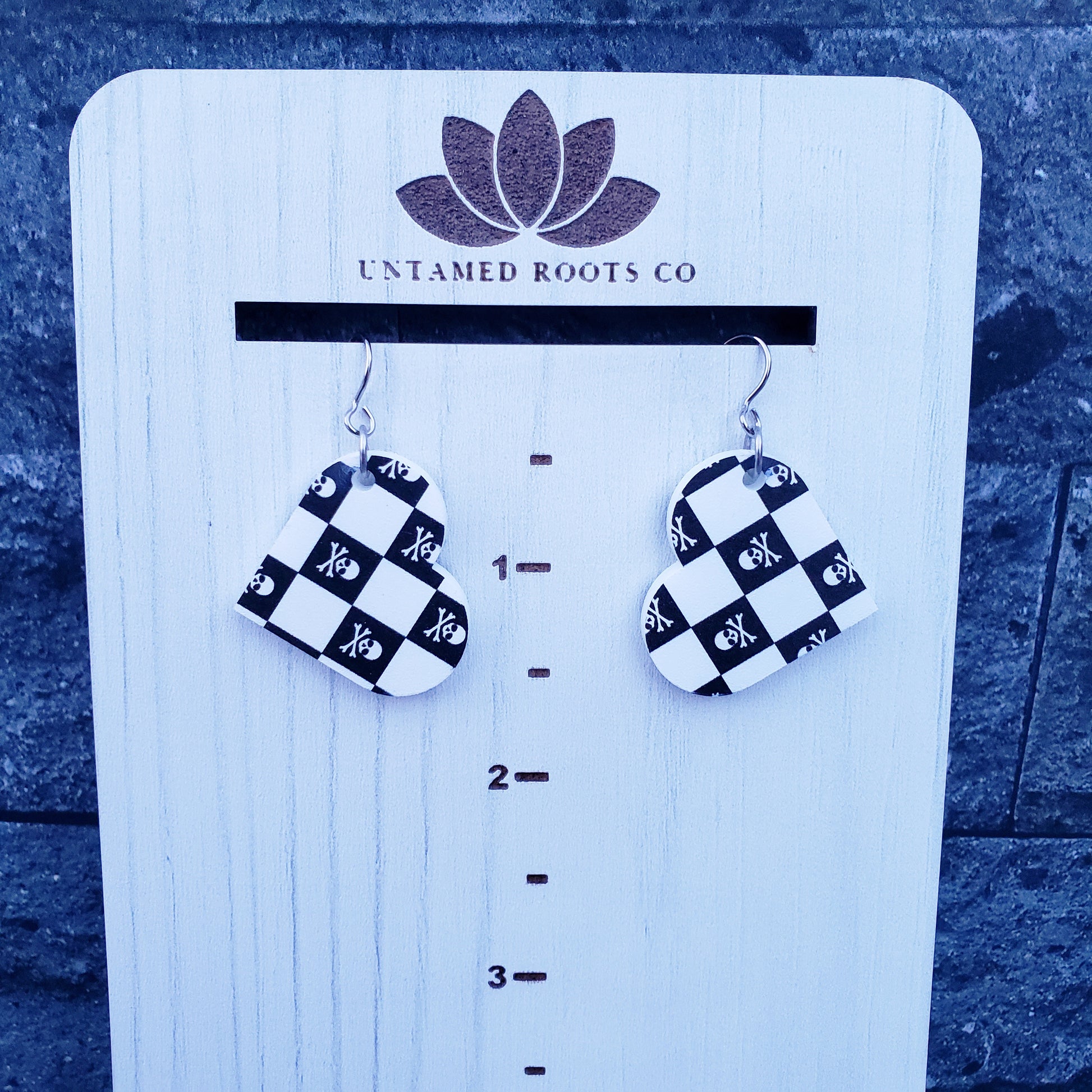 Large Skull Checkerboard Heart Dangle Earrings