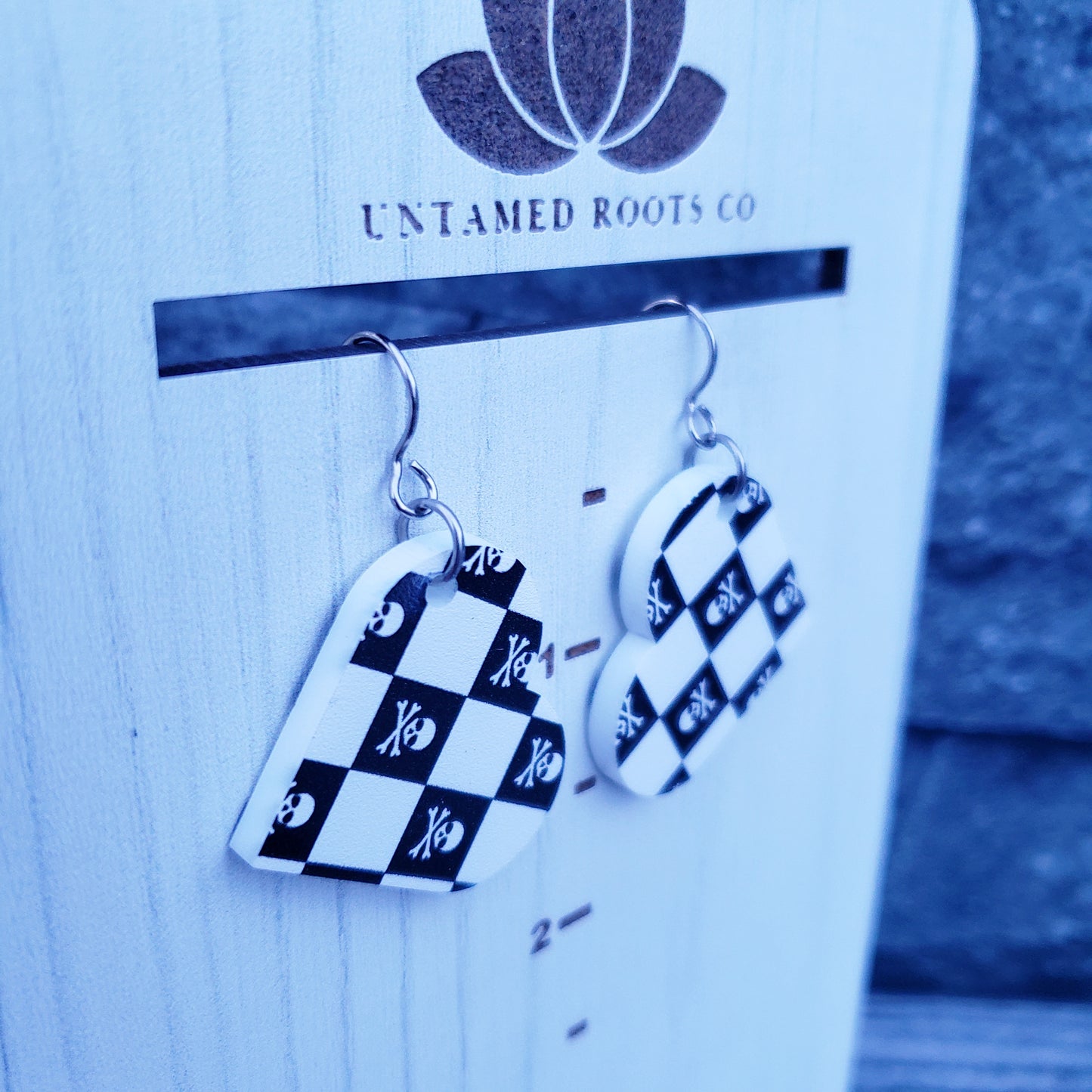 Large Skull Checkerboard Heart Dangle Earrings