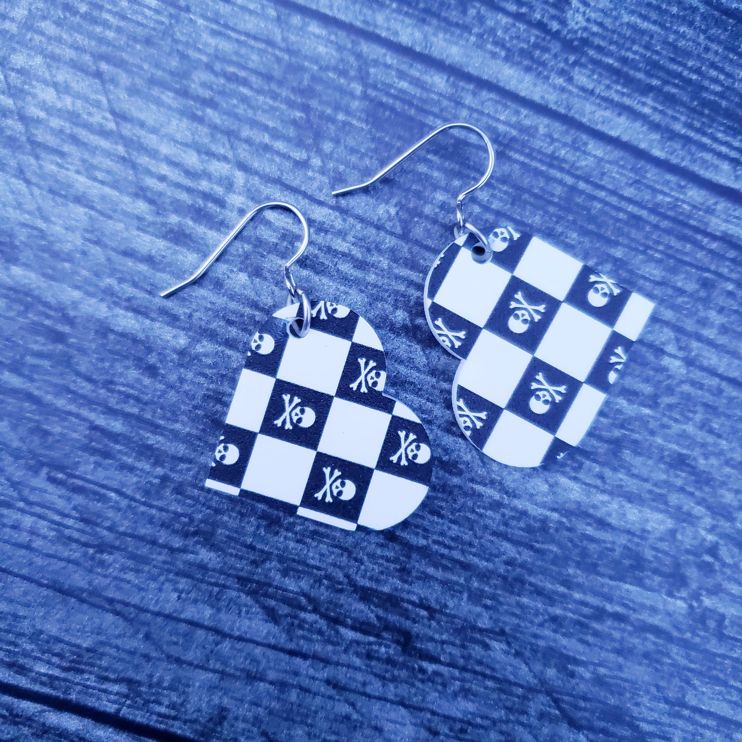 Large Skull Checkerboard Heart Dangle Earrings