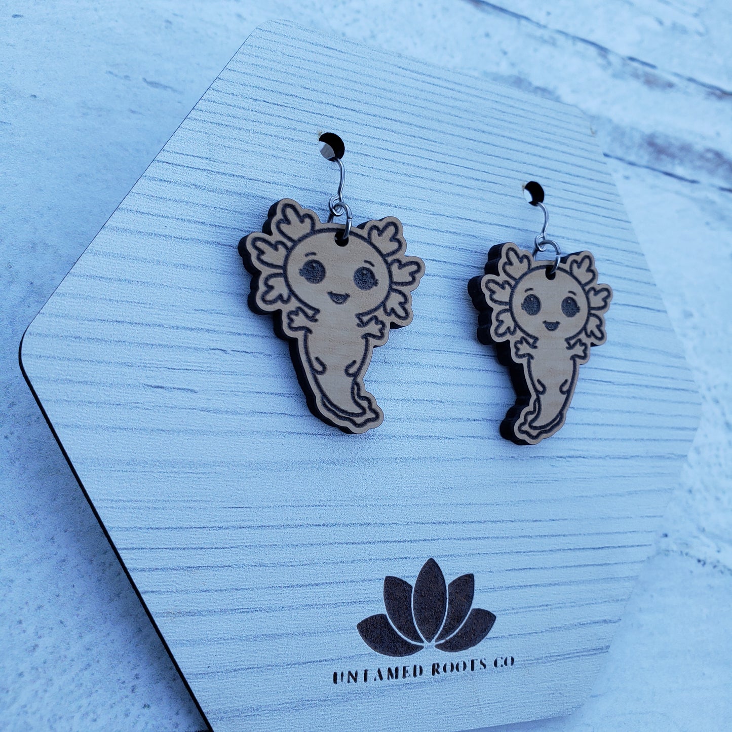 Wooden Axolotl Dangle Earrings