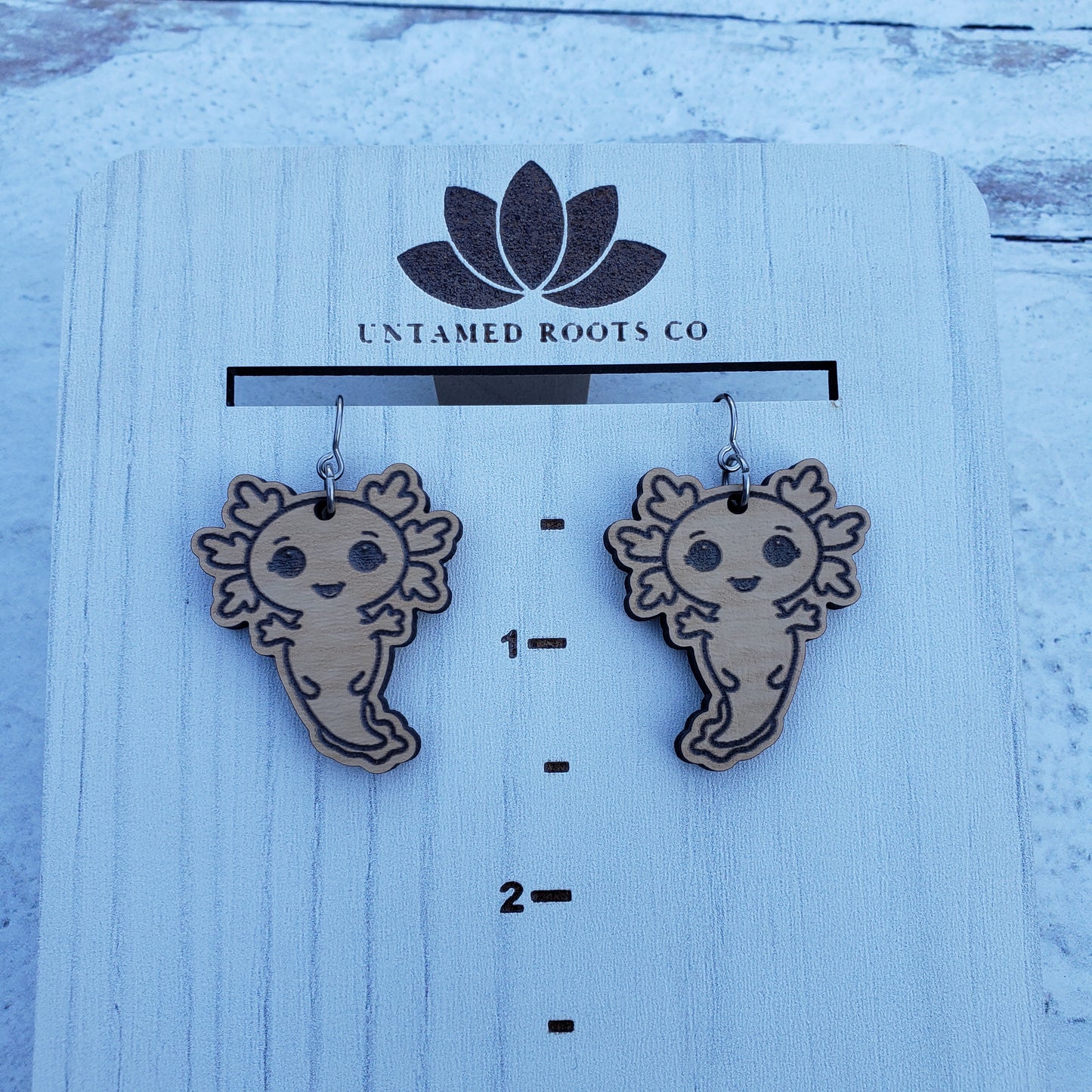 Wooden Axolotl Dangle Earrings