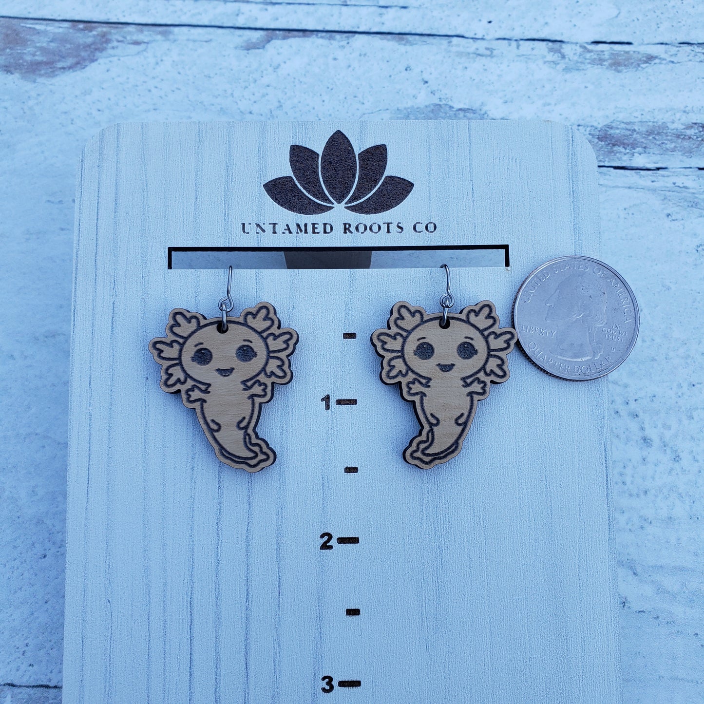 Wooden Axolotl Dangle Earrings