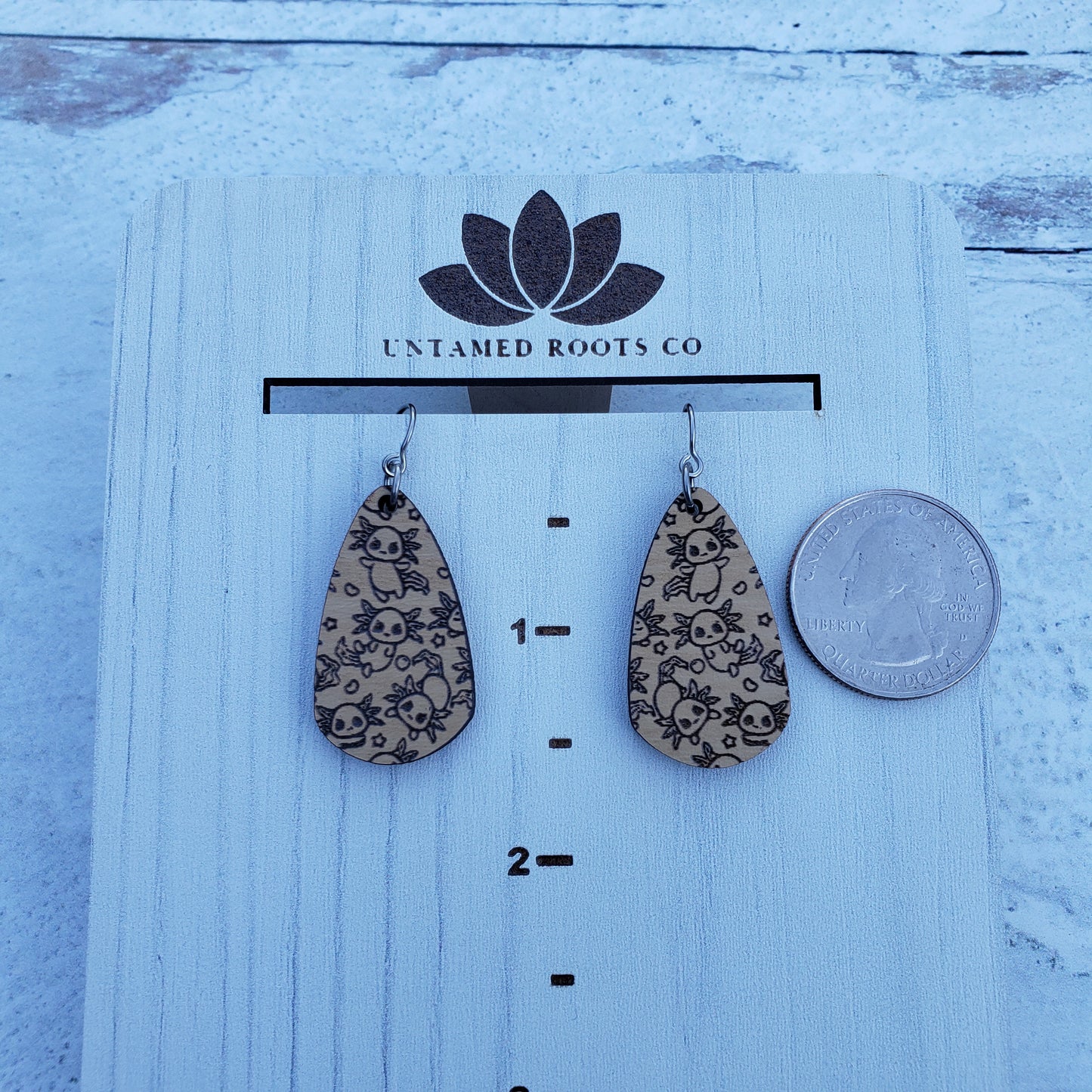 Wooden Axolotl Print Dangle Earrings