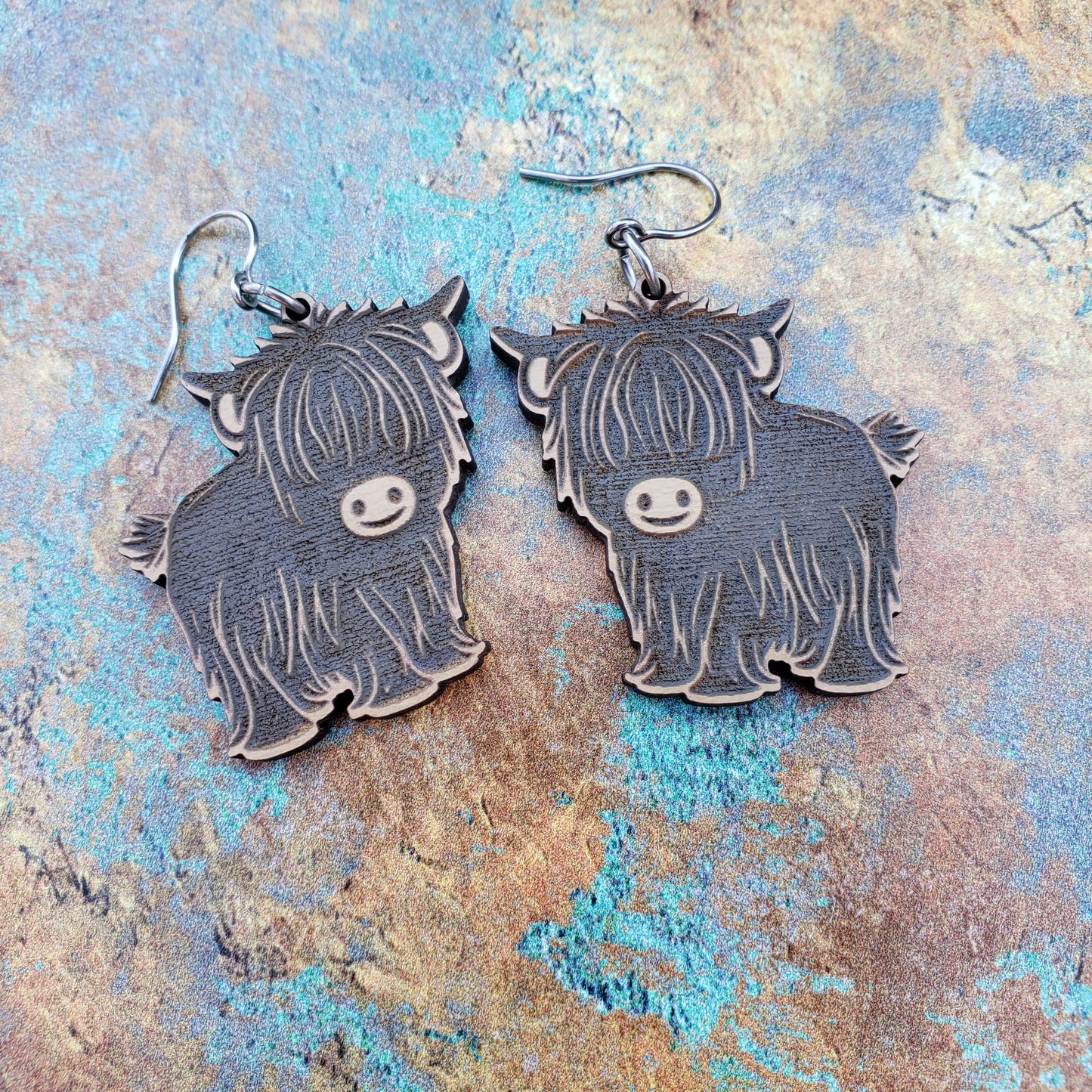 Wooden Highland Cow Dangle Earrings