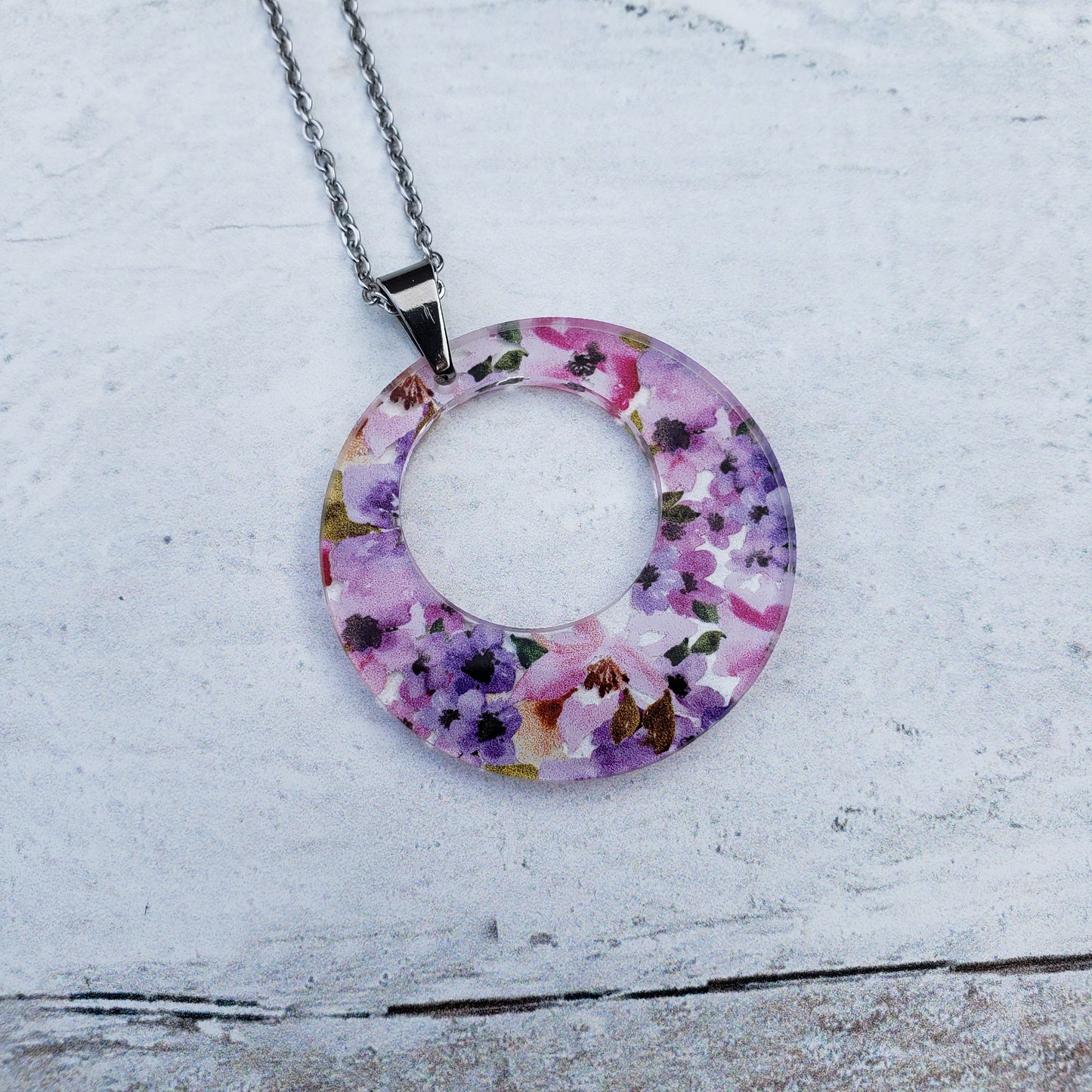 Large Offset Circle Pink Floral Necklace