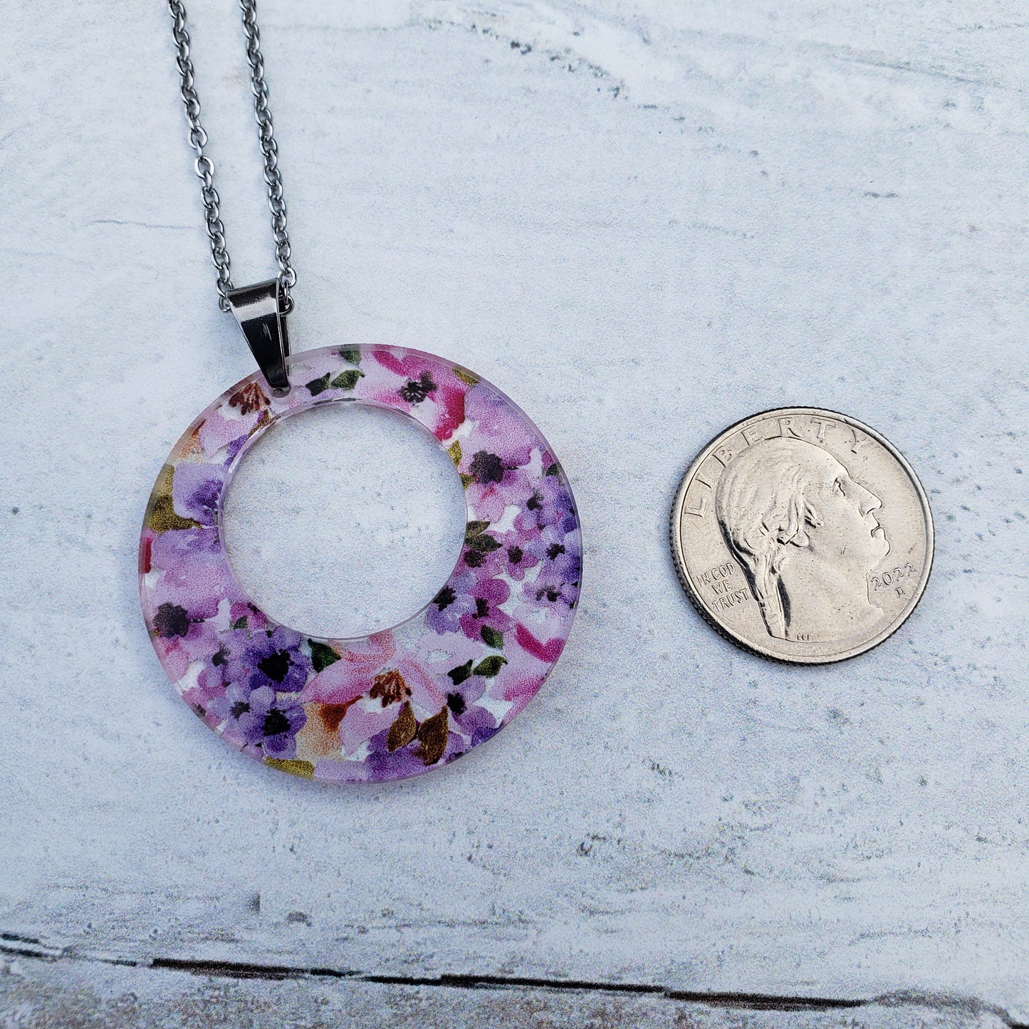 Large Offset Circle Pink Floral Necklace