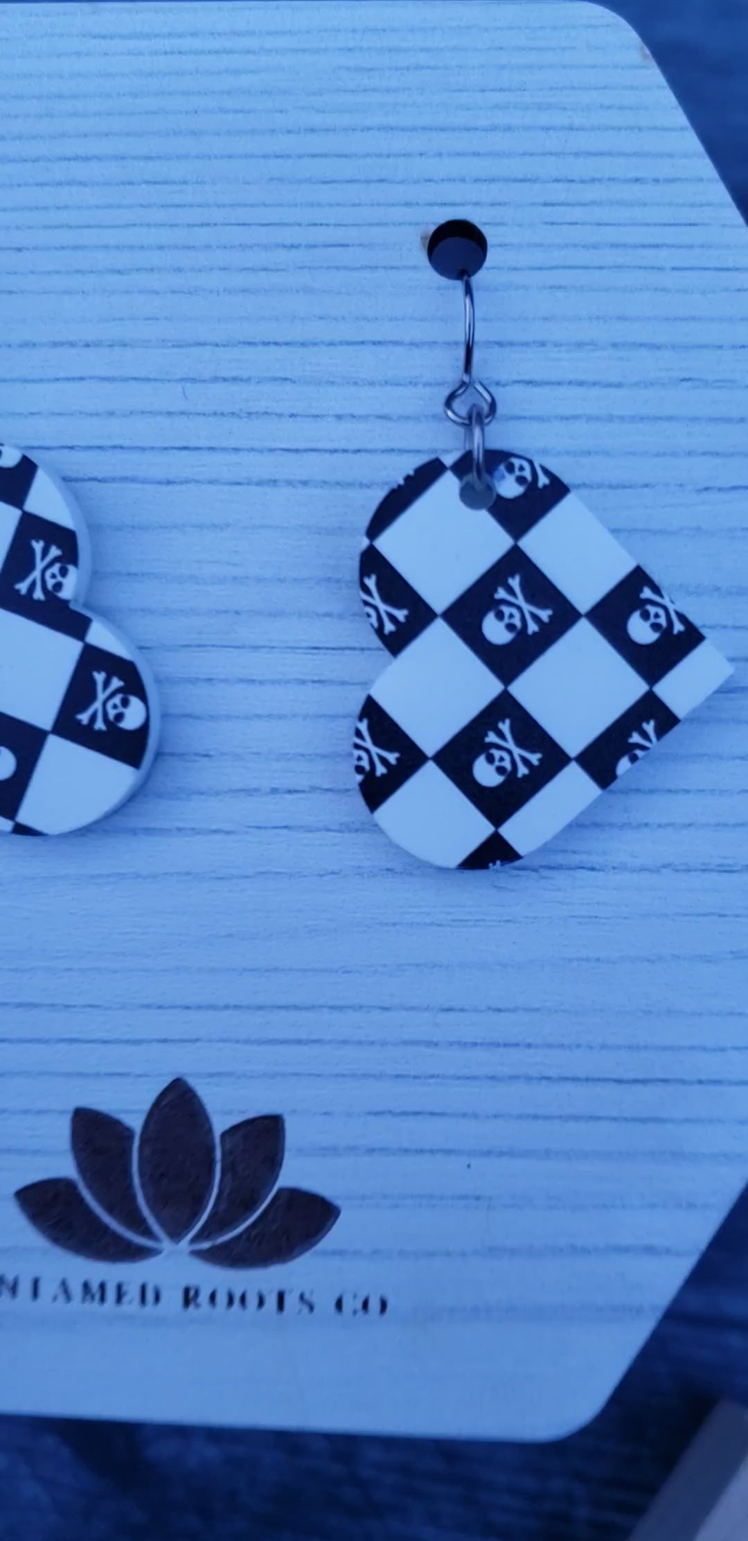 Large Skull Checkerboard Heart Dangle Earrings