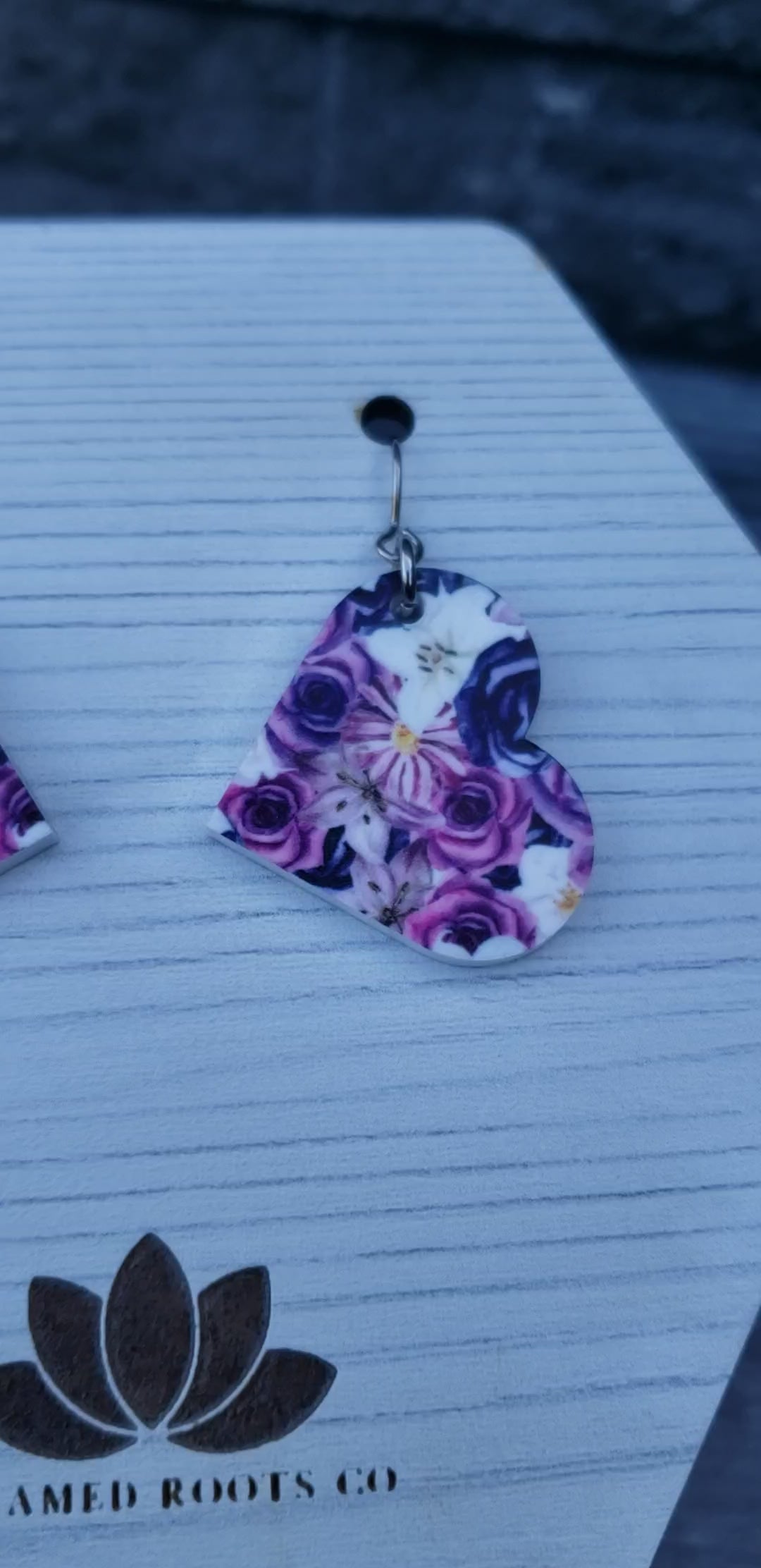 Large Heart Purple Gothic Floral Dangle Earring