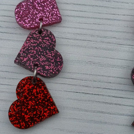 Pink and Red Glitter Tumbling Heart Earrings on Stainless Steel