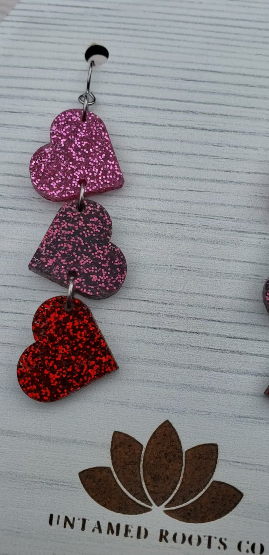 Pink and Red Glitter Tumbling Heart Earrings on Stainless Steel